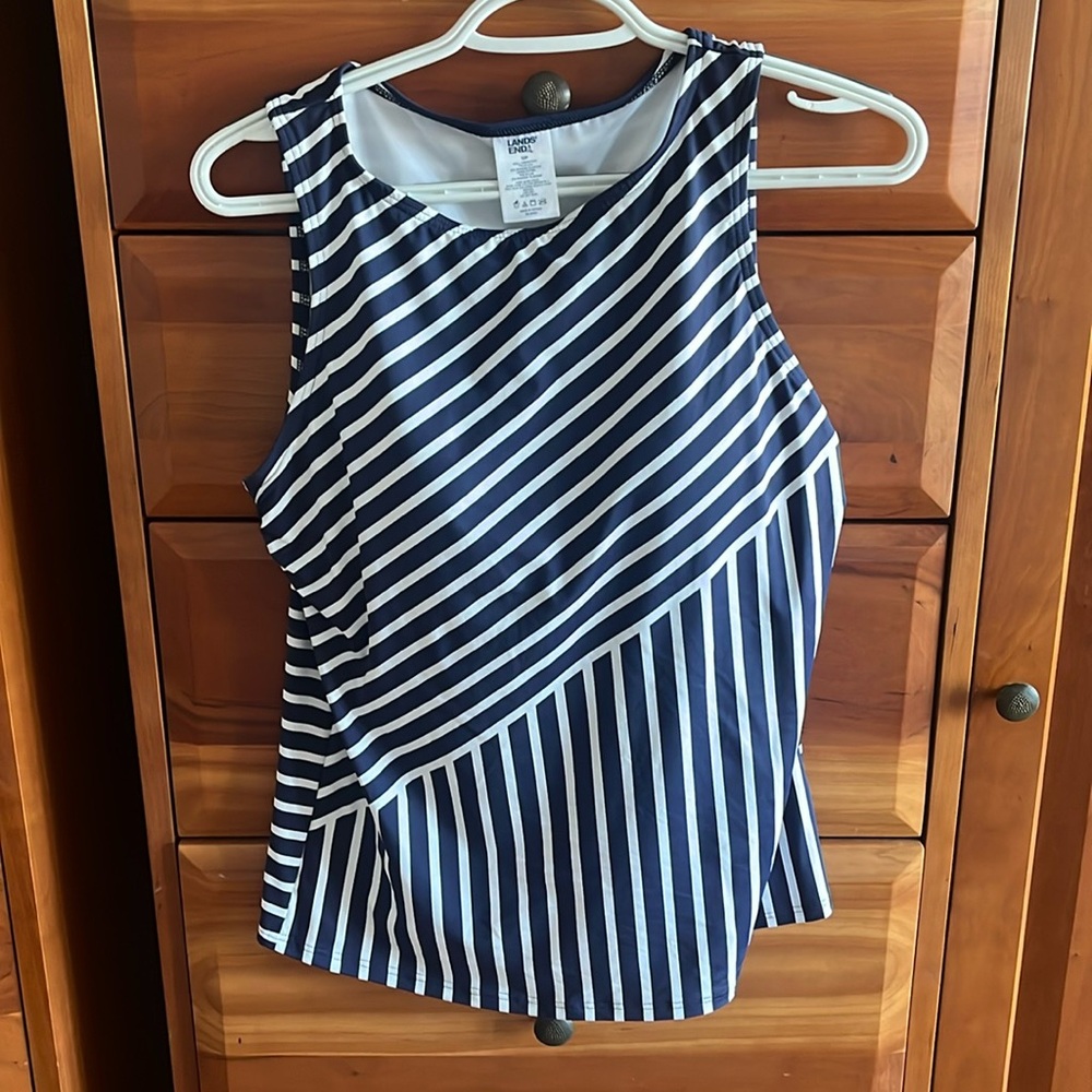Lands End high neck tankini stripe navy blue white swim top Size 10P